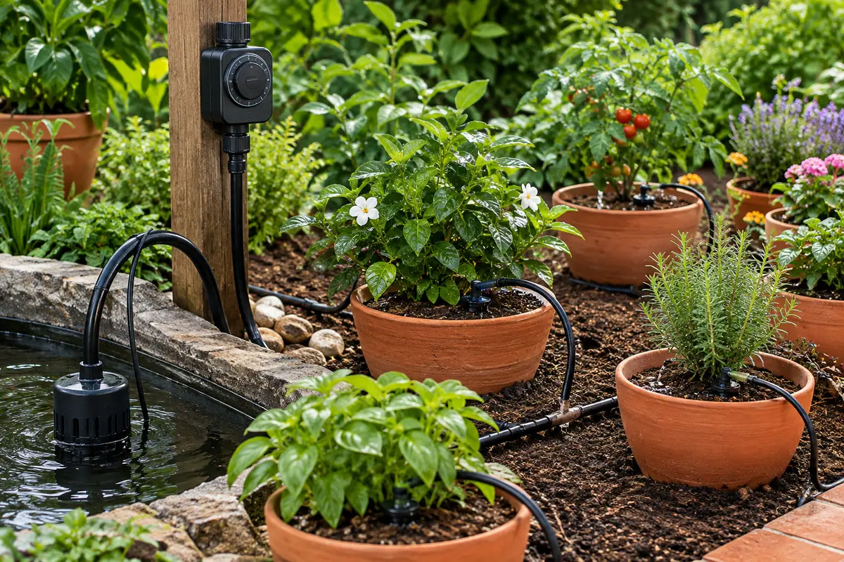 Kit noir Vivosun avec pompe et minuterie relié à des goutteurs dans un jardin en pots.