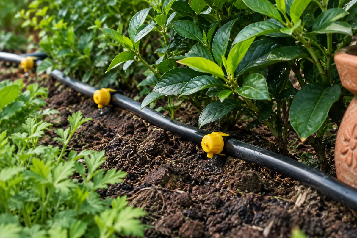 Goutteurs jaunes en plastique installés sur une conduite noire au pied de plantes dans un jardin.