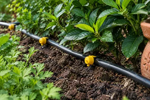 Goutteurs jaunes en plastique installés sur une conduite noire au pied de plantes dans un jardin.