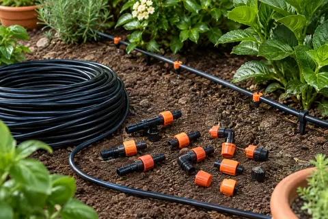 Tuyau noir de 5 m et raccords cannelés noirs et orange pour un petit réseau d’arrosage