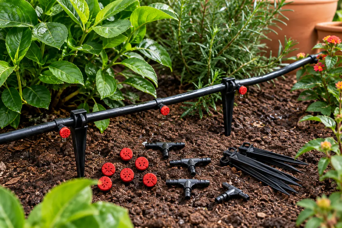 Goutteurs rouges à huit trous, raccords en T et piquets posés sur un tuyau noir dans un jardin.
