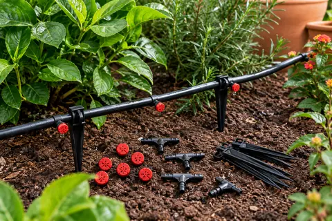 Goutteurs rouges à huit trous, raccords en T et piquets posés sur un tuyau noir dans un jardin.