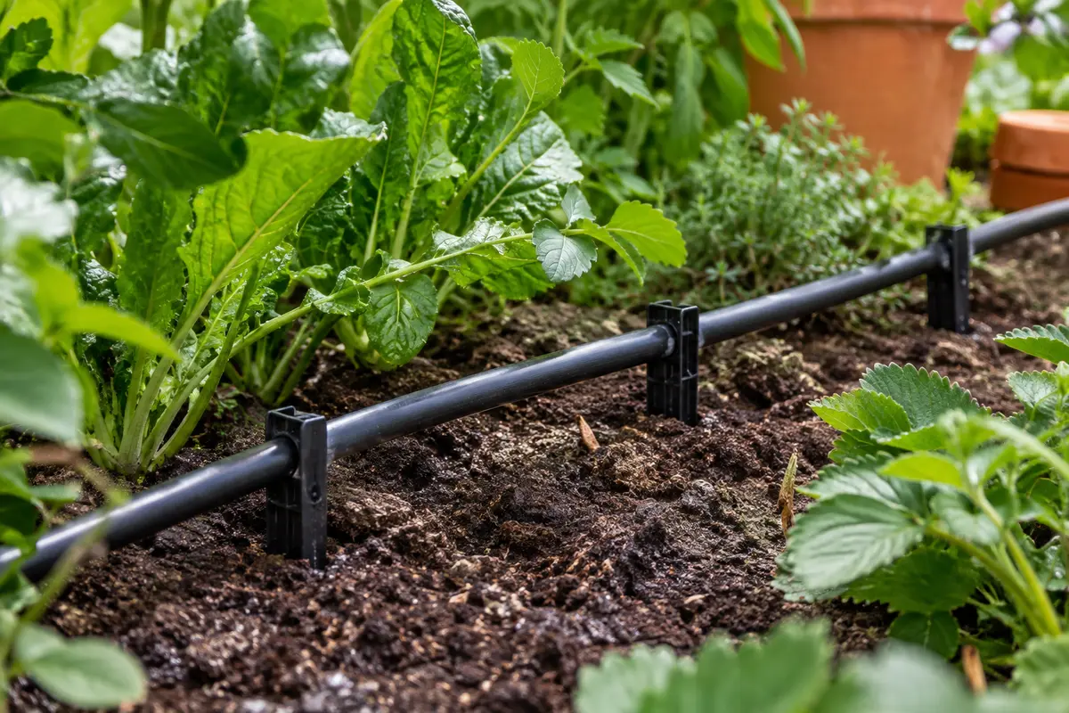 Piquets noirs maintenant un tuyau d’irrigation dans la terre d’un potager soigné.