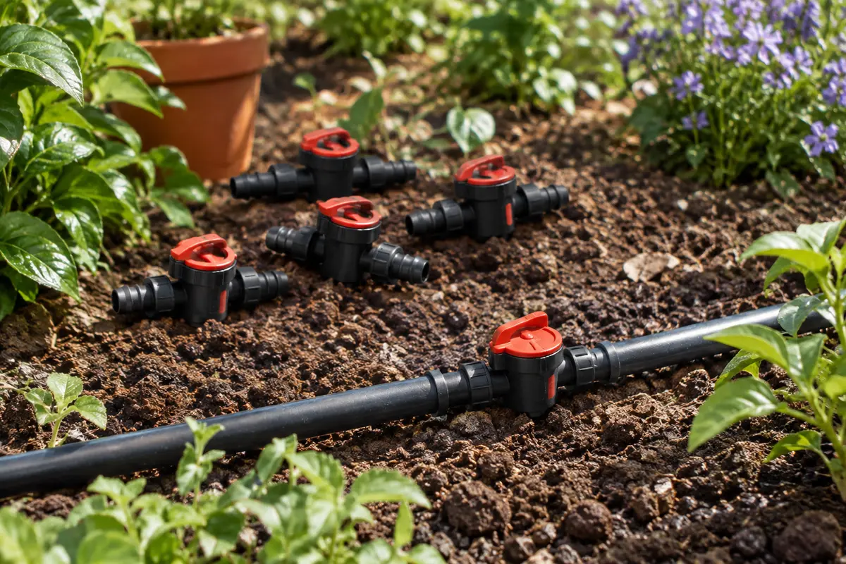 Cinq vannes noires et rouges à verrouillage rotatif, dont une posée sur un tuyau d’irrigation au jardin.