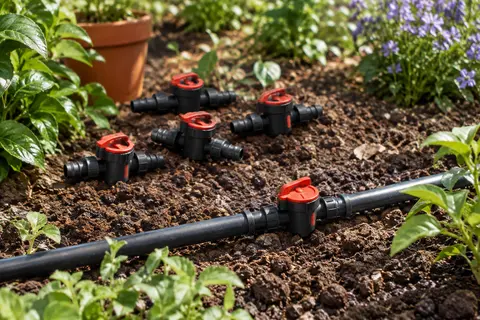 Cinq vannes noires et rouges à verrouillage rotatif, dont une posée sur un tuyau d’irrigation au jardin.