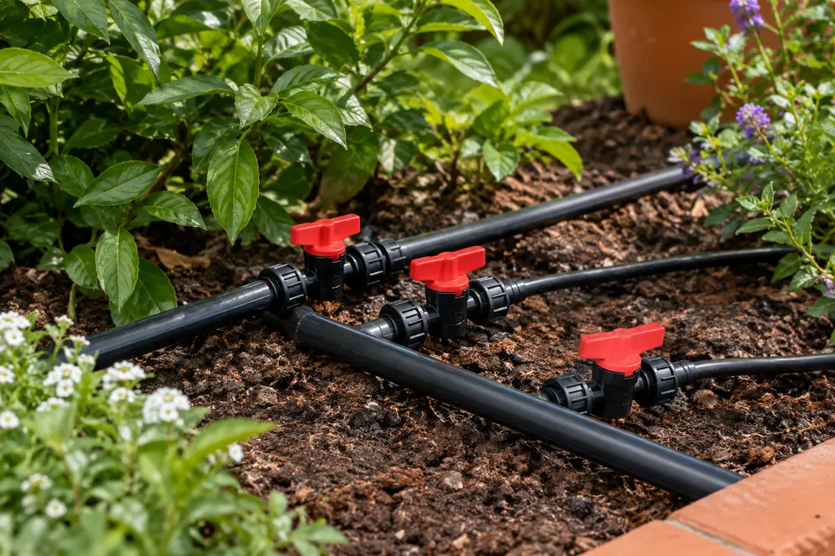 Vannes de ligne rouges et noires raccordées à des tuyaux d’arrosage dans un potager