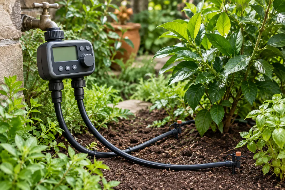 Programmateur d’arrosage XinFuture à deux sorties raccordé à des conduites dans un jardin soigné