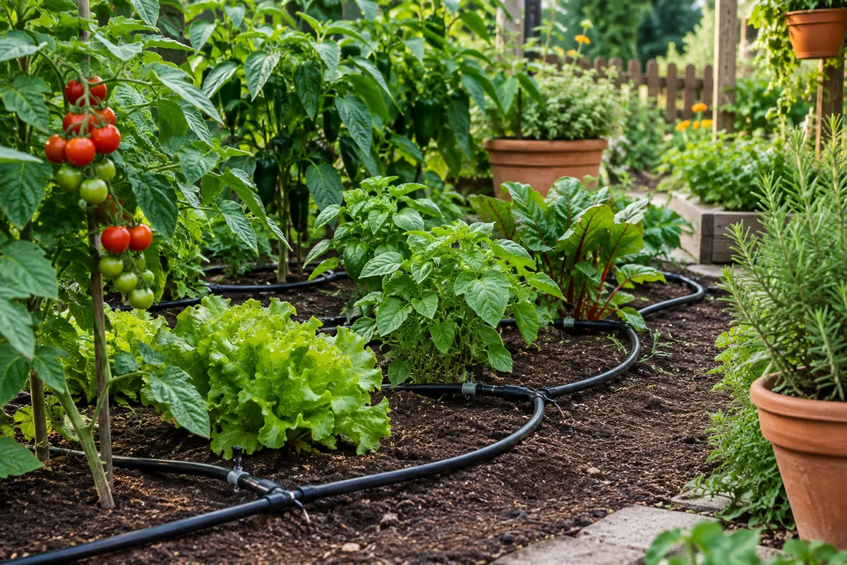 Réseau d’arrosage en PVC avec goutteurs réglables installé au pied de plants de potager