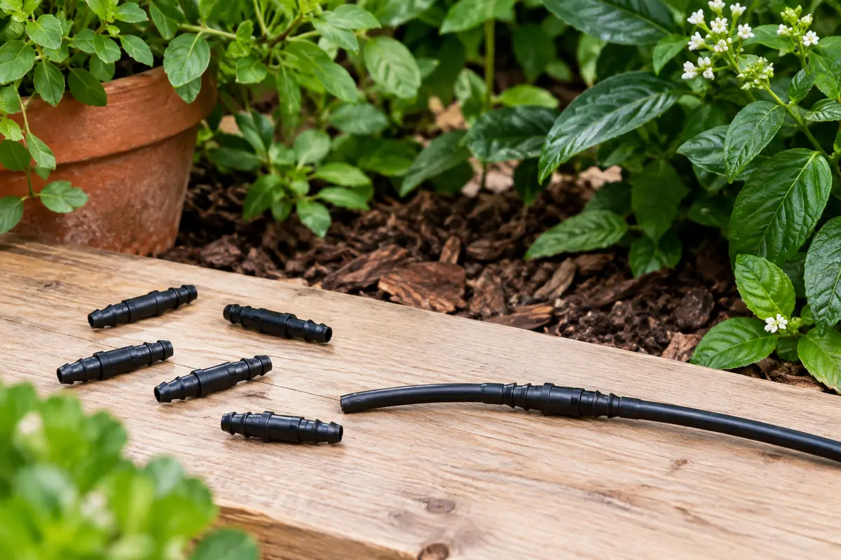 Petits raccords droits cannelés en plastique noir sur une planche en bois, l’un reliant deux microtubes fins