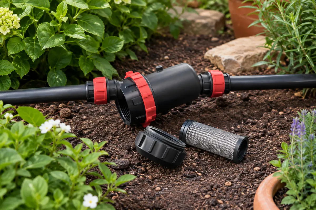 Filtre d’irrigation noir et rouge avec tamis inox amovible, installé sur une conduite de jardin.
