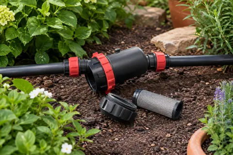 Filtre d’irrigation noir et rouge avec tamis inox amovible, installé sur une conduite de jardin.
