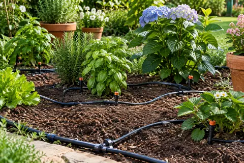 Kit d’irrigation Zhhgoo installé au pied des plantes, avec tuyaux et têtes goutte à goutte visibles.