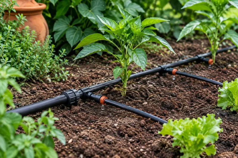 Détail d’une conduite, d’un raccord et de goutteurs près de jeunes plantations