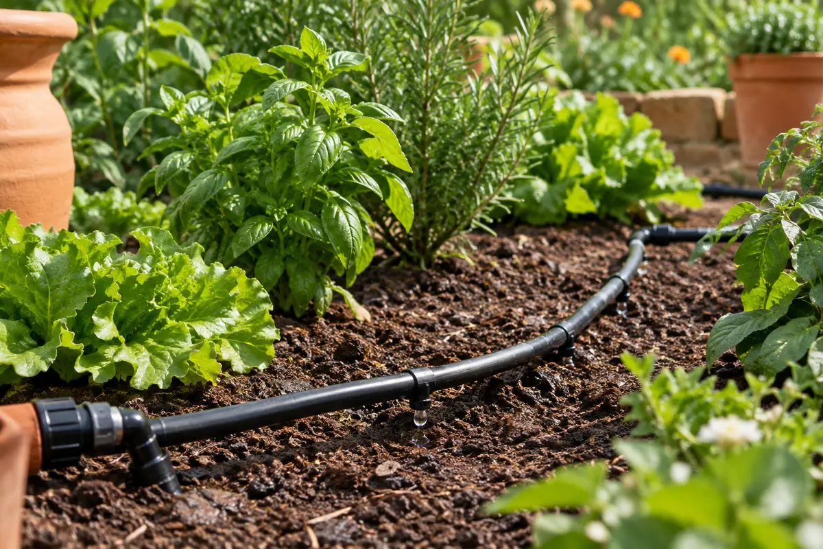 Conduite noire et goutteurs installés au pied de plantations dans un jardin soigné